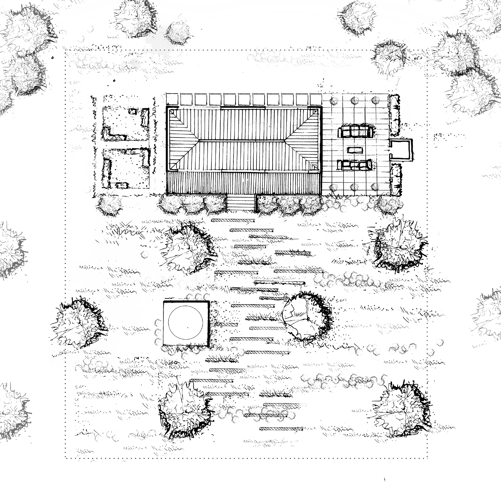 Hand-drawn plan of the Meadow Grass garden: a stepping-stone path through meadow and trees from the house to a square pool