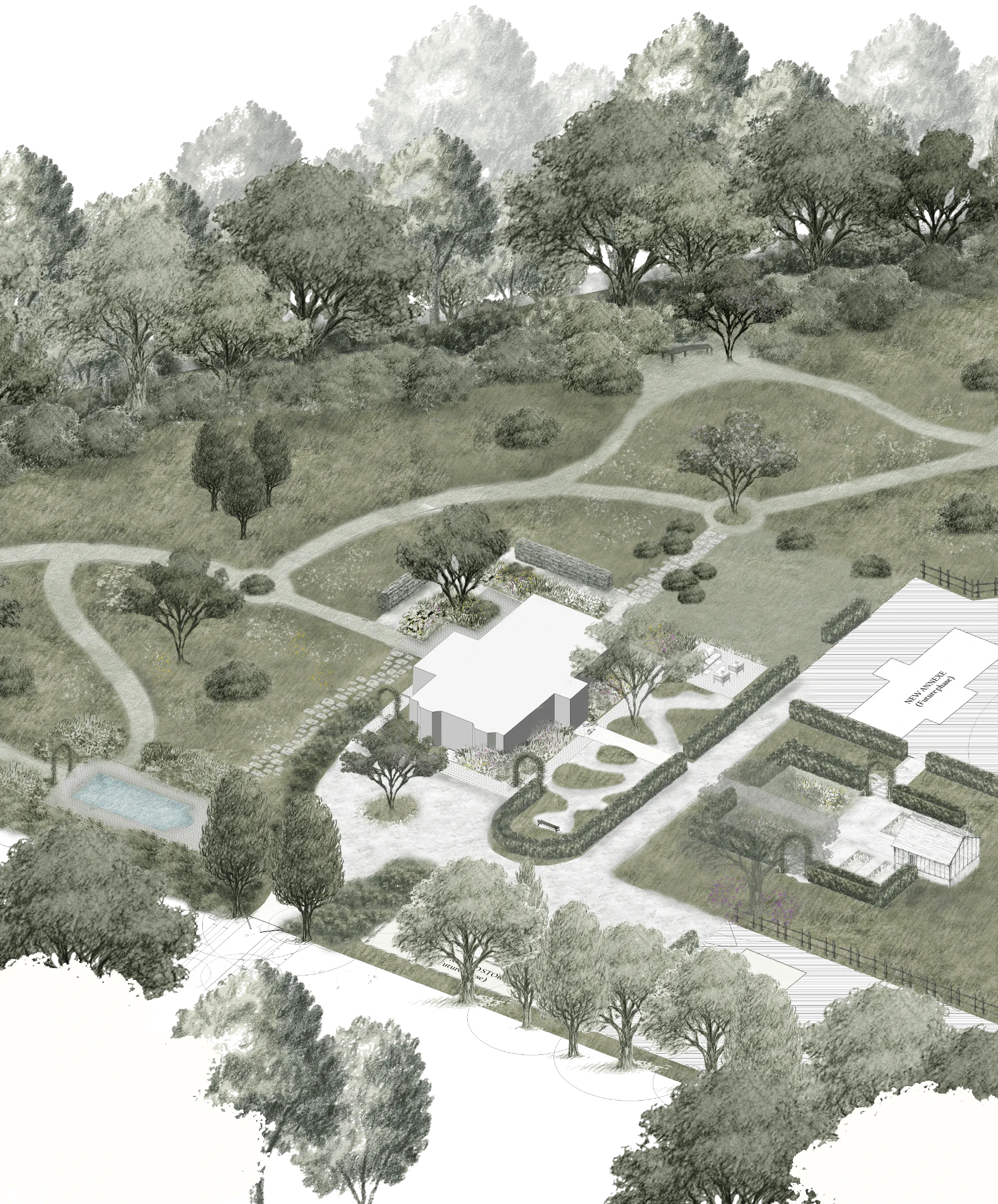 Aerial visualisation of West Sussex House — paths winding through meadows and woodland around the house, with hedged gardens and a pool